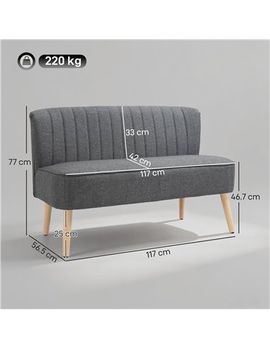 HOMCOM 117cm Loveseat Sofa Upholstered Small 2 Seater Sofa with Thick Padded Seat and Rubber Wood Legs, Grey