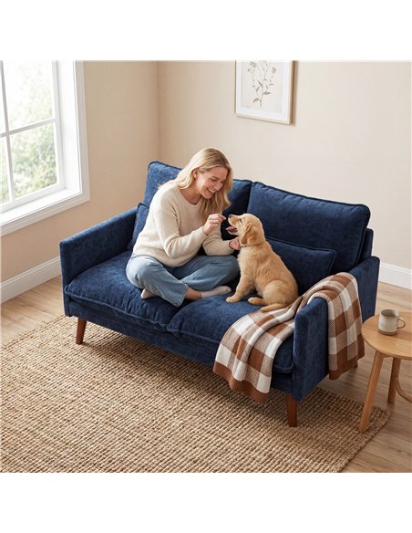 HOMCOM 2 Seater Sofa, Loveseat Sofa with Spring Cushions, Wide and Deep Seat, Wood Legs, Blue - pic 192296 | FastDaddyshop