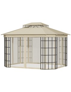 Outsunny 3.7x3m Gazebo with 2 Tiers Roof and Mosquito Netting, Metal Frame, Beige
