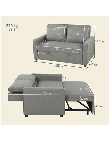 HOMCOM Double Sofa Bed Click Clack Sofa Bed Pull Out Bed with Adjustable Backrest for Living Room and Bedroom Grey