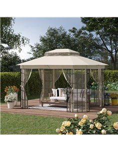 Outsunny 3.7x3m Gazebo with 2 Tiers Roof and Mosquito Netting, Metal Frame, Beige 2