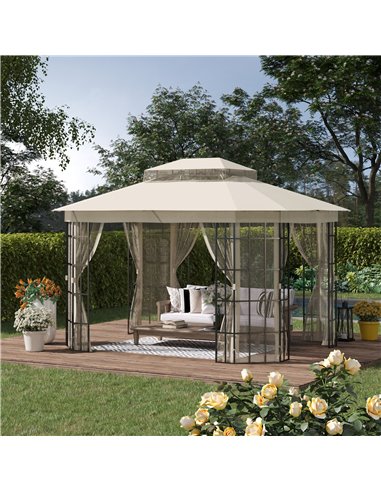 Outsunny 3.7x3m Gazebo with 2 Tiers Roof and Mosquito Netting, Metal Frame, Beige