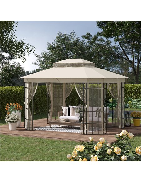 Outsunny 3.7x3m Gazebo with 2 Tiers Roof and Mosquito Netting, Metal Frame, Beige - pic 19232 | FastDaddyshop