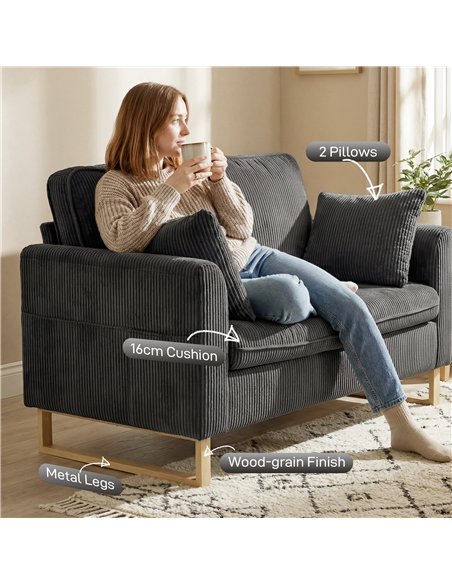 HOMCOM 2 Seater Sofa, 140 cm Loveseat Sofa with Spring Cushions, Metal Legs, 2 Pillows, Dark Grey - pic 192329 | FastDaddyshop