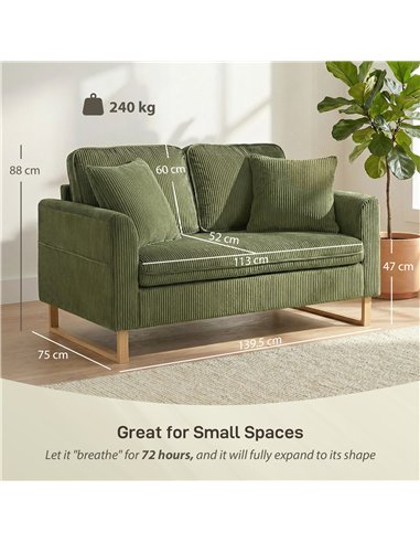 HOMCOM 2 Seater Sofa, 140 cm Loveseat Sofa with Spring Cushions, Metal Legs, 2 Pillows, Dark Green