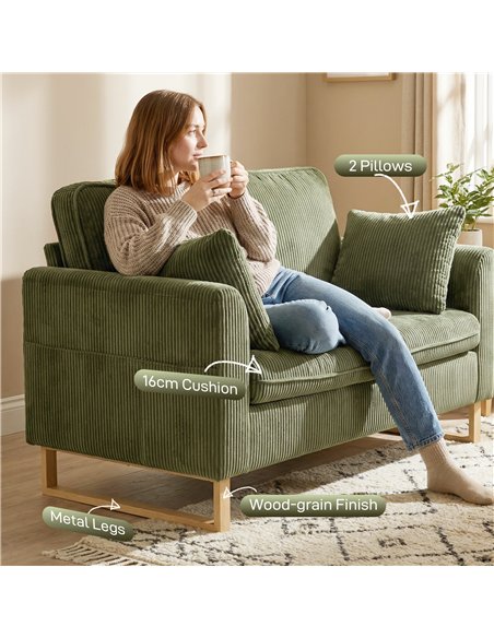 HOMCOM 2 Seater Sofa, 140 cm Loveseat Sofa with Spring Cushions, Metal Legs, 2 Pillows, Dark Green - pic 192338 | FastDaddyshop