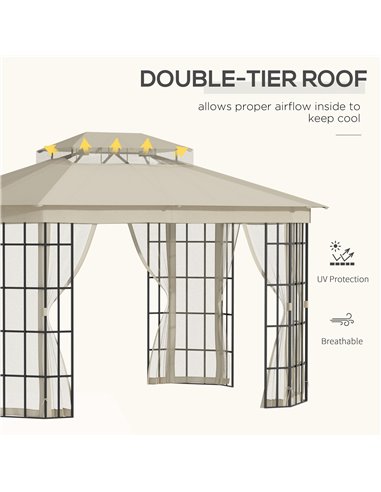 Outsunny 3.7 x 3(m) Patio Gazebo Canopy Garden Tent Shelter with 2 Tiers Roof and Mosquito Netting, Metal Frame, Beige