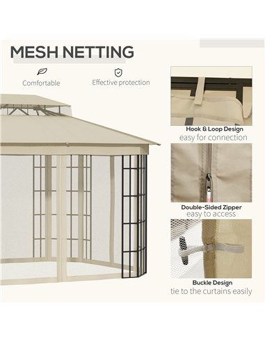 Outsunny 3.7 x 3(m) Patio Gazebo Canopy Garden Tent Shelter with 2 Tiers Roof and Mosquito Netting, Metal Frame, Beige