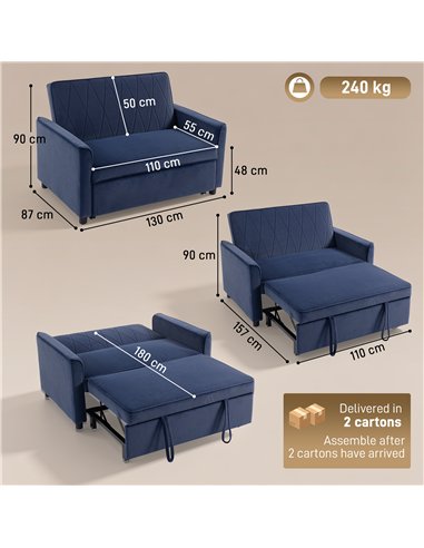 HOMCOM 2 Seater Sofa Bed, 3-in-1 Convertible Pull Out Sleeper Sofa with Clik-Clack Adjustable Backrest, Dark Blue