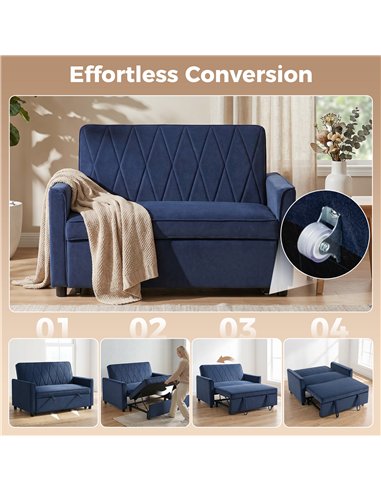 HOMCOM 2 Seater Sofa Bed, 3-in-1 Convertible Pull Out Sleeper Sofa with Clik-Clack Adjustable Backrest, Dark Blue