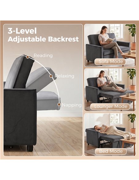 HOMCOM 2 Seater Sofa Bed, 3-in-1 Convertible Pull Out Sleeper Sofa with Clik-Clack Adjustable Backrest, Dark Grey - pic 192365 | FastDaddyshop