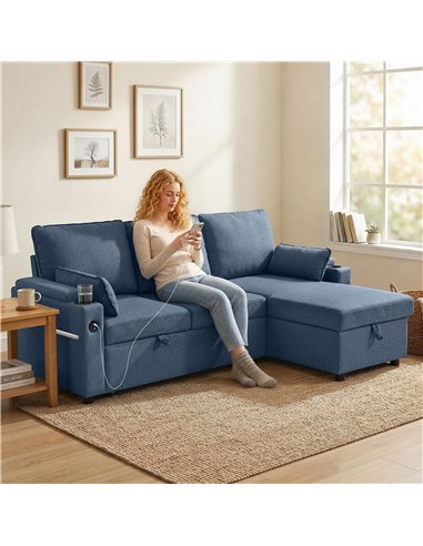 HOMCOM Corner Sofa Bed, L Shaped Sleeper Sectional Sofa with Reversible Storage Chaise, Blue