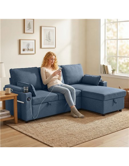 HOMCOM Corner Sofa Bed, L Shaped Sleeper Sectional Sofa with Reversible Storage Chaise, Blue - pic 192371 | FastDaddyshop
