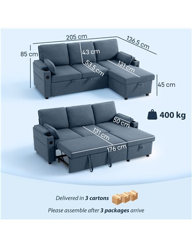 HOMCOM Corner Sofa Bed, L Shaped Sleeper Sectional Sofa with Reversible Storage Chaise, Blue