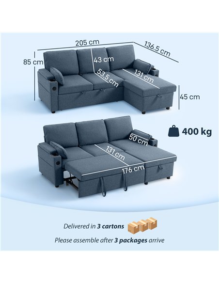 HOMCOM Corner Sofa Bed, L Shaped Sleeper Sectional Sofa with Reversible Storage Chaise, Blue - pic 192372 | FastDaddyshop