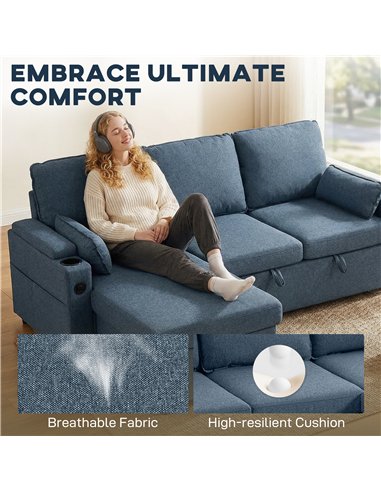 HOMCOM Corner Sofa Bed, L Shaped Sleeper Sectional Sofa with Reversible Storage Chaise, Blue