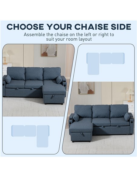 HOMCOM Corner Sofa Bed, L Shaped Sleeper Sectional Sofa with Reversible Storage Chaise, Blue - pic 192374 | FastDaddyshop