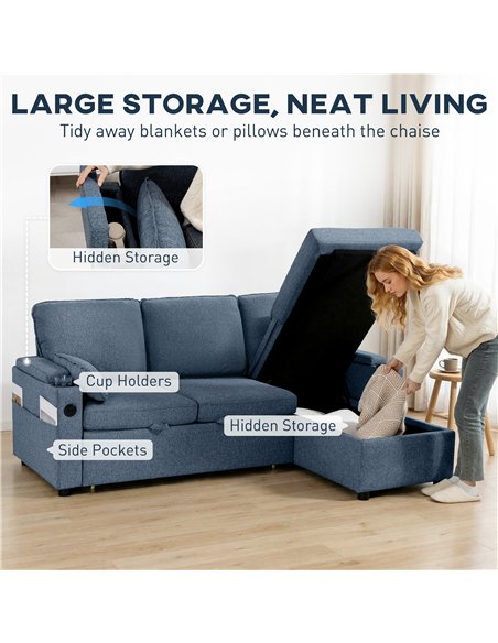 HOMCOM Corner Sofa Bed, L Shaped Sleeper Sectional Sofa with Reversible Storage Chaise, Blue - pic 192376 | FastDaddyshop