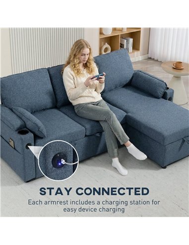 HOMCOM Corner Sofa Bed, L Shaped Sleeper Sectional Sofa with Reversible Storage Chaise, Blue