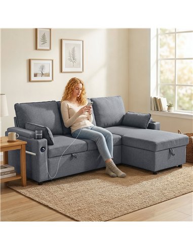 HOMCOM Corner Sofa Bed, L Shaped Sleeper Sectional Sofa with Reversible Storage Chaise, Grey
