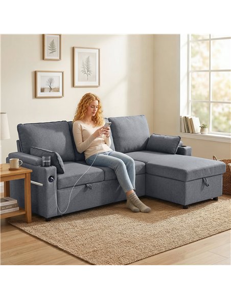 HOMCOM Corner Sofa Bed, L Shaped Sleeper Sectional Sofa with Reversible Storage Chaise, Grey - pic 192380 | FastDaddyshop