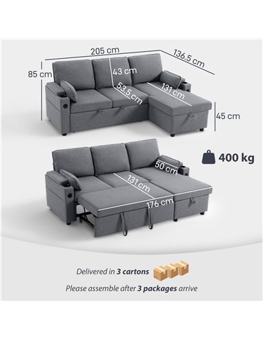 HOMCOM Corner Sofa Bed, L Shaped Sleeper Sectional Sofa with Reversible Storage Chaise, Grey