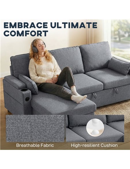 HOMCOM Corner Sofa Bed, L Shaped Sleeper Sectional Sofa with Reversible Storage Chaise, Grey - pic 192382 | FastDaddyshop