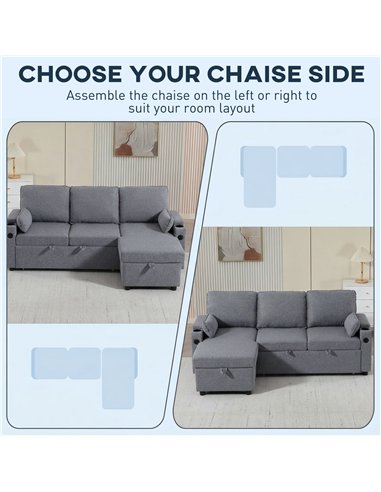 HOMCOM Corner Sofa Bed, L Shaped Sleeper Sectional Sofa with Reversible Storage Chaise, Grey