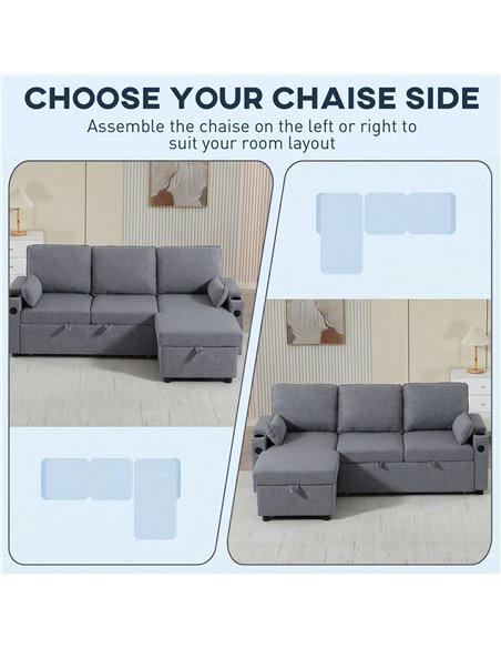 HOMCOM Corner Sofa Bed, L Shaped Sleeper Sectional Sofa with Reversible Storage Chaise, Grey - pic 192383 | FastDaddyshop