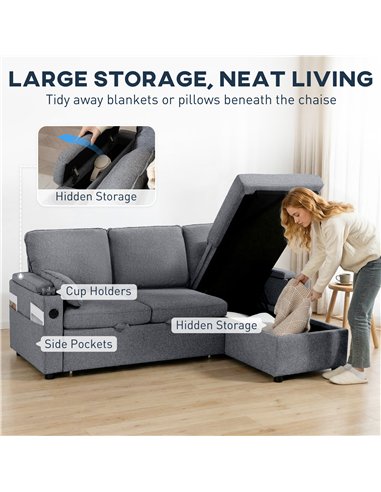 HOMCOM Corner Sofa Bed, L Shaped Sleeper Sectional Sofa with Reversible Storage Chaise, Grey