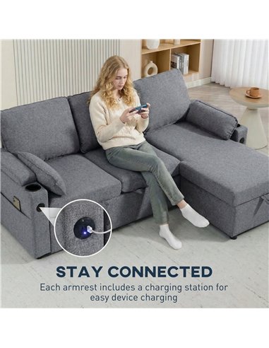 HOMCOM Corner Sofa Bed, L Shaped Sleeper Sectional Sofa with Reversible Storage Chaise, Grey