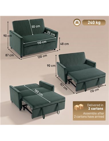 HOMCOM 2 Seater Sofa Bed, 3-in-1 Convertible Pull Out Sleeper Sofa with Clik-Clack Adjustable Backrest, Dark Green