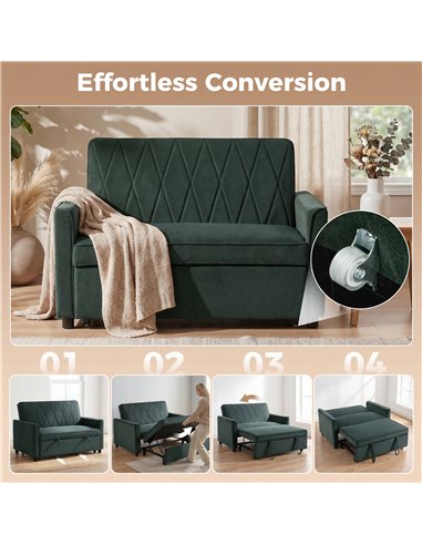 HOMCOM 2 Seater Sofa Bed, 3-in-1 Convertible Pull Out Sleeper Sofa with Clik-Clack Adjustable Backrest, Dark Green