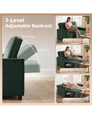 HOMCOM 2 Seater Sofa Bed, 3-in-1 Convertible Pull Out Sleeper Sofa with Clik-Clack Adjustable Backrest, Dark Green