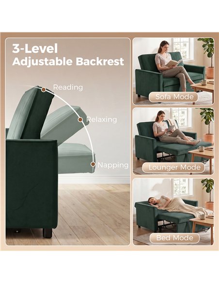 HOMCOM 2 Seater Sofa Bed, 3-in-1 Convertible Pull Out Sleeper Sofa with Clik-Clack Adjustable Backrest, Dark Green - pic 192392 | FastDaddyshop