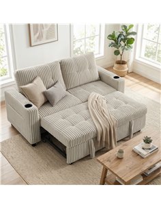 HOMCOM Corduroy Click Clack Sleeper Sofa with Pull Out Design, 2 Seater Sofa Bed, Cream White 2