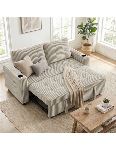 HOMCOM Corduroy Click Clack Sleeper Sofa with Pull Out Design, 2 Seater Sofa Bed, Cream White - pic 192398 | FastDaddyshop