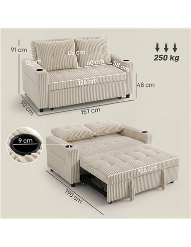 HOMCOM Corduroy Click Clack Sleeper Sofa with Pull Out Design, 2 Seater Sofa Bed, Cream White
