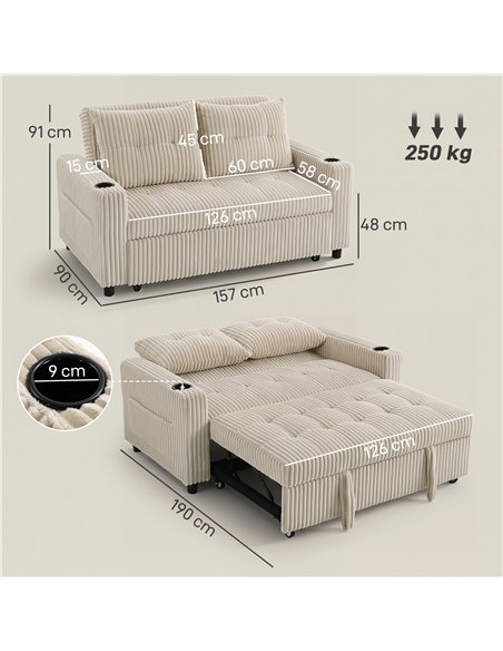 HOMCOM Corduroy Click Clack Sleeper Sofa with Pull Out Design, 2 Seater Sofa Bed, Cream White - pic 192399 | FastDaddyshop