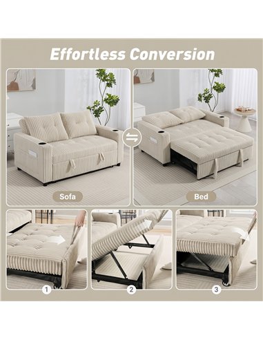 HOMCOM Corduroy Click Clack Sleeper Sofa with Pull Out Design, 2 Seater Sofa Bed, Cream White
