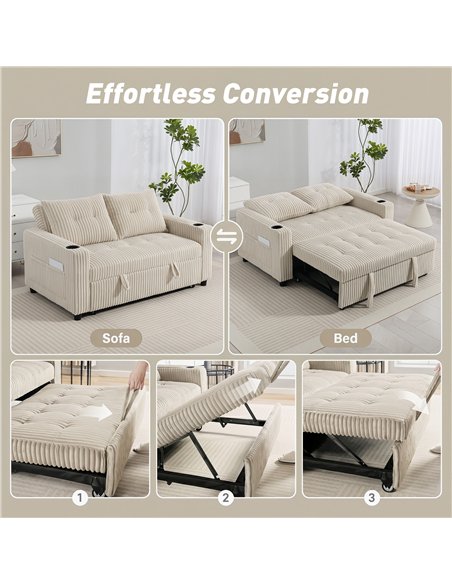 HOMCOM Corduroy Click Clack Sleeper Sofa with Pull Out Design, 2 Seater Sofa Bed, Cream White - pic 192400 | FastDaddyshop