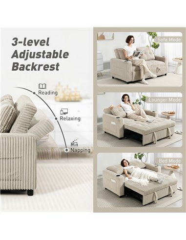 HOMCOM Corduroy Click Clack Sleeper Sofa with Pull Out Design, 2 Seater Sofa Bed, Cream White