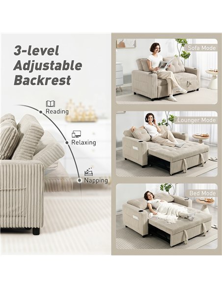 HOMCOM Corduroy Click Clack Sleeper Sofa with Pull Out Design, 2 Seater Sofa Bed, Cream White - pic 192401 | FastDaddyshop