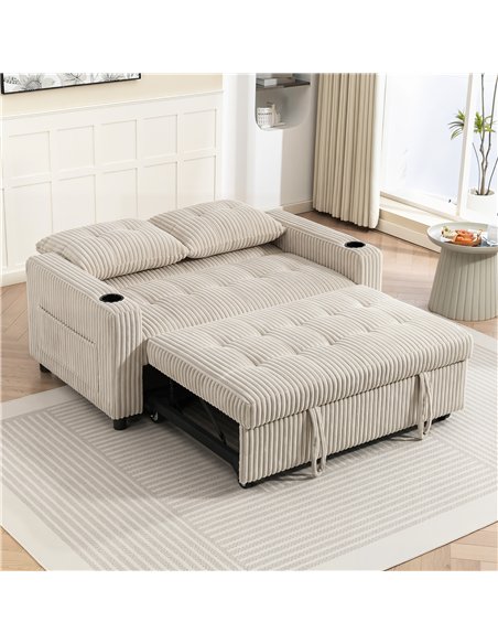 HOMCOM Corduroy Click Clack Sleeper Sofa with Pull Out Design, 2 Seater Sofa Bed, Cream White - pic 192404 | FastDaddyshop