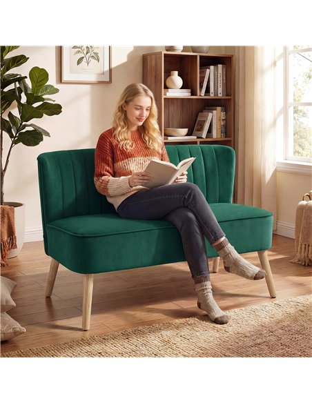 HOMCOM 117cm Loveseat Sofa Upholstered Small 2 Seater Sofa  with Thick Padded Seat and Rubber Wood Legs, Dark Green - pic 192425 | FastDaddyshop