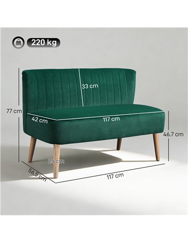 HOMCOM 117cm Loveseat Sofa Upholstered Small 2 Seater Sofa  with Thick Padded Seat and Rubber Wood Legs, Dark Green