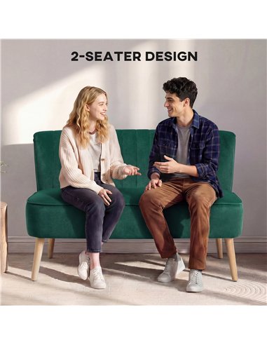 HOMCOM 117cm Loveseat Sofa Upholstered Small 2 Seater Sofa  with Thick Padded Seat and Rubber Wood Legs, Dark Green