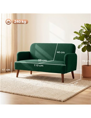 HOMCOM Velvet Feel Fabric 2 Seater Sofa, Small Sofa Loveseat with 21cm Thick Padding and Wood Legs, Dark Green