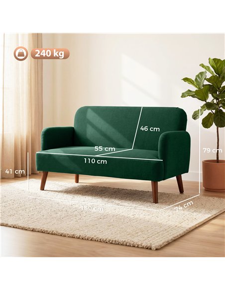 HOMCOM Velvet Feel Fabric 2 Seater Sofa, Small Sofa Loveseat with 21cm Thick Padding and Wood Legs, Dark Green - pic 192435 | FastDaddyshop