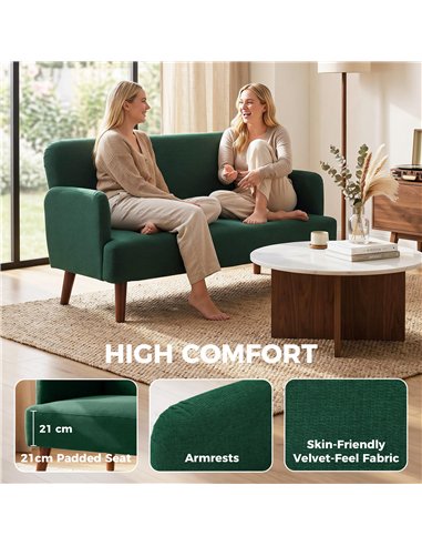 HOMCOM Velvet Feel Fabric 2 Seater Sofa, Small Sofa Loveseat with 21cm Thick Padding and Wood Legs, Dark Green
